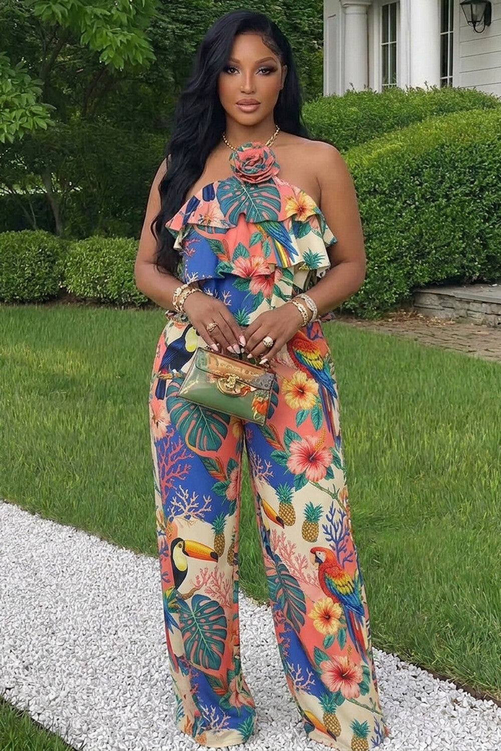 Floral Halter Ruffle Top Wide Leg Pants 2pcs Set-Multicolor