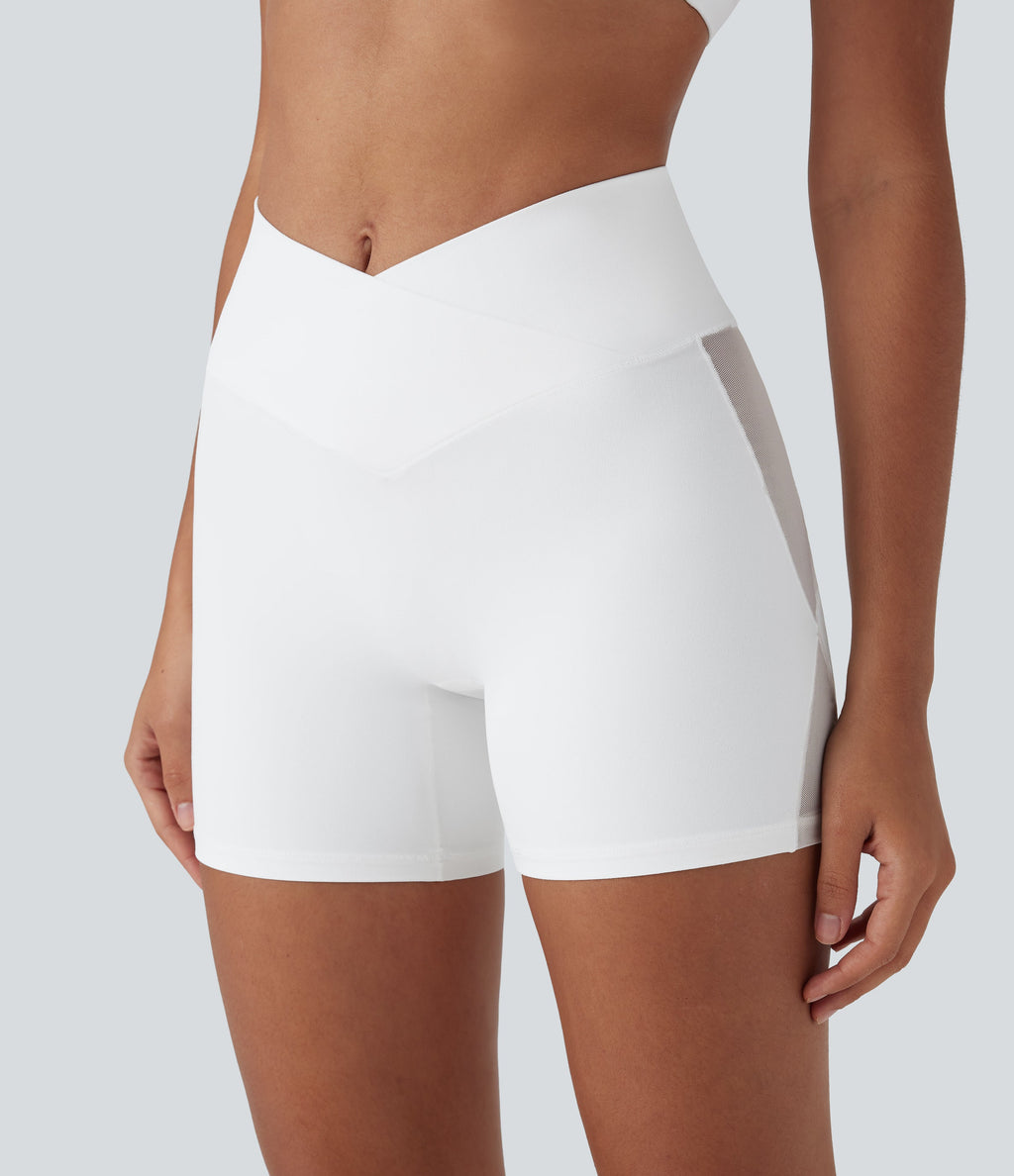 SoftlyZeroTM High Waisted Crossover Contrast Mesh Yoga Biker Shorts 5'' with Pocket-UPF50+