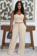 Spaghetti Strap Crop Top Wide Leg Pants Casual 2pcs Set-Beige