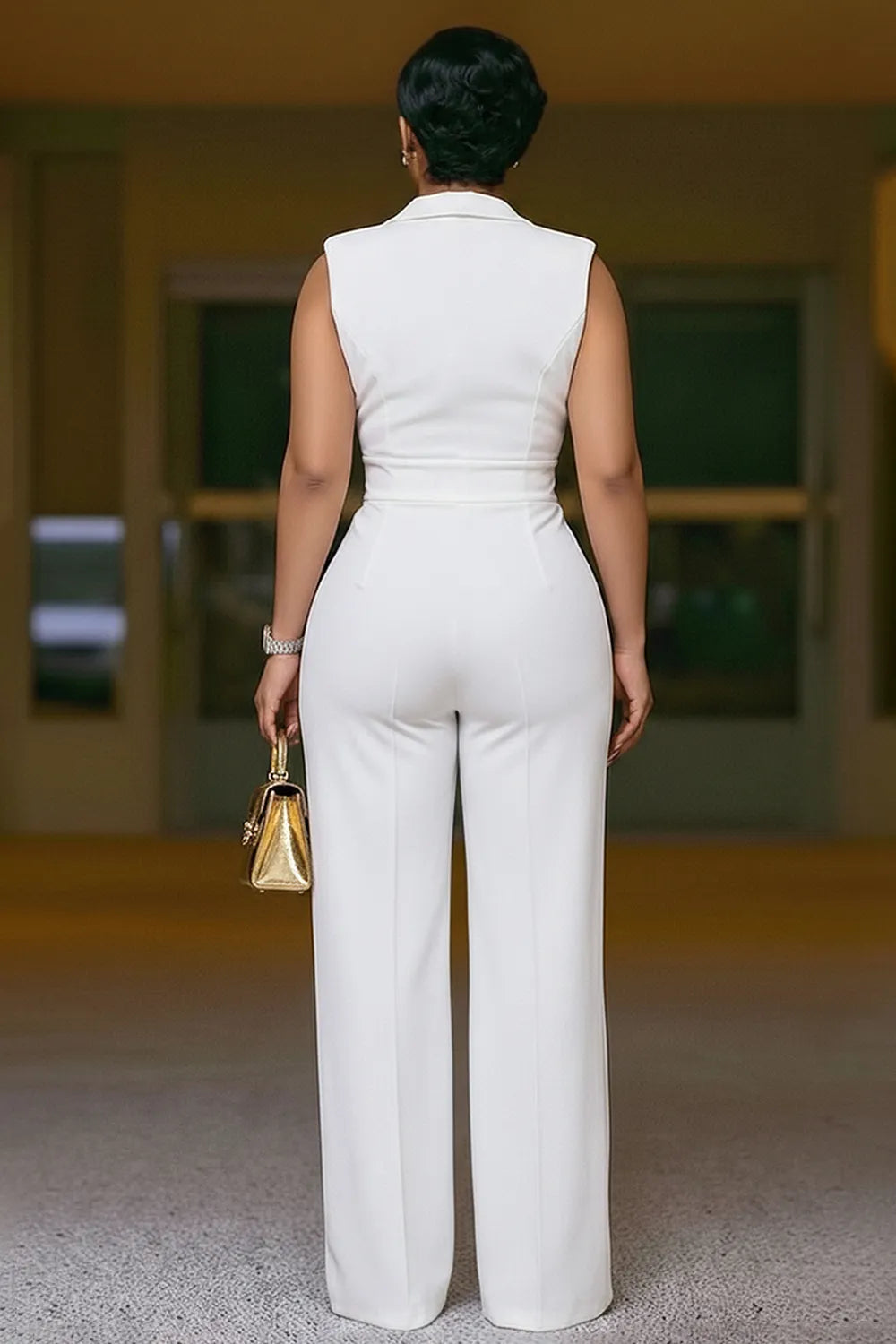 Notched Lapel Sleeveless Cinch Waist High Waist Jumpsuit-White