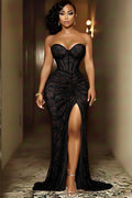 Strapless Corset See-Through Lace Slit Party Maxi Dresses-Black
