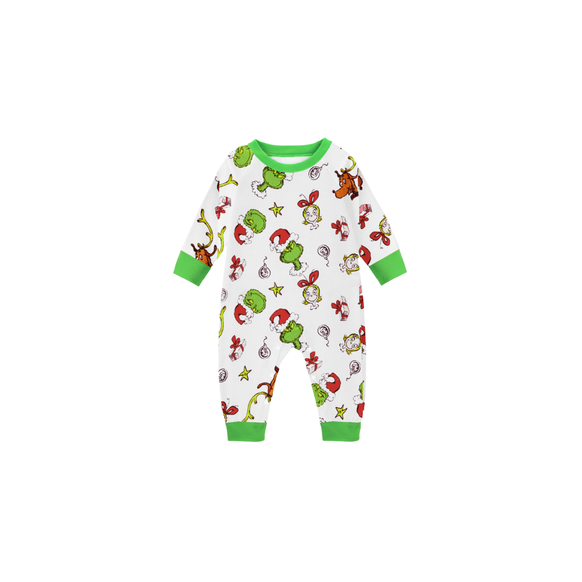 Christmas Family Matching Pajamas-Green Top and Grinch Pants Pjs Set with Snowman and "Let It Snow" Slogan Print
