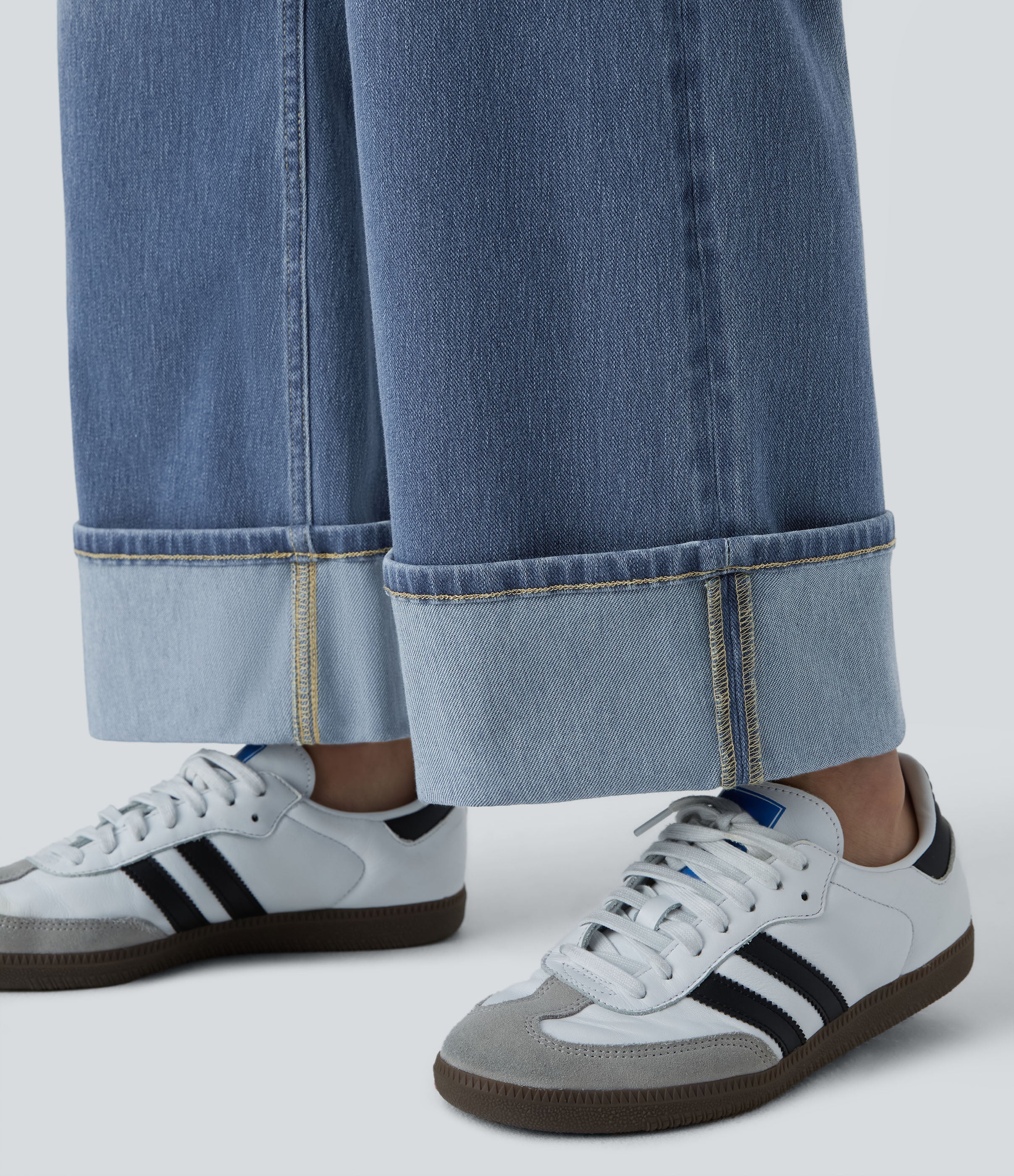 FlexTM High Waisted Multiple Pockets Rolled Hem Wide Leg Washed Stretchy Knit Casual Jeans