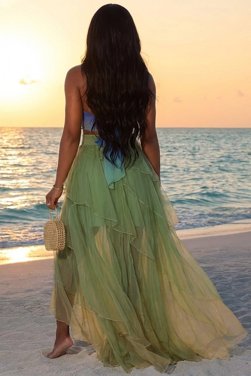 Halter Colorblock Top Ruffle Maxi Skirt Vacation 2pcs Set-Green