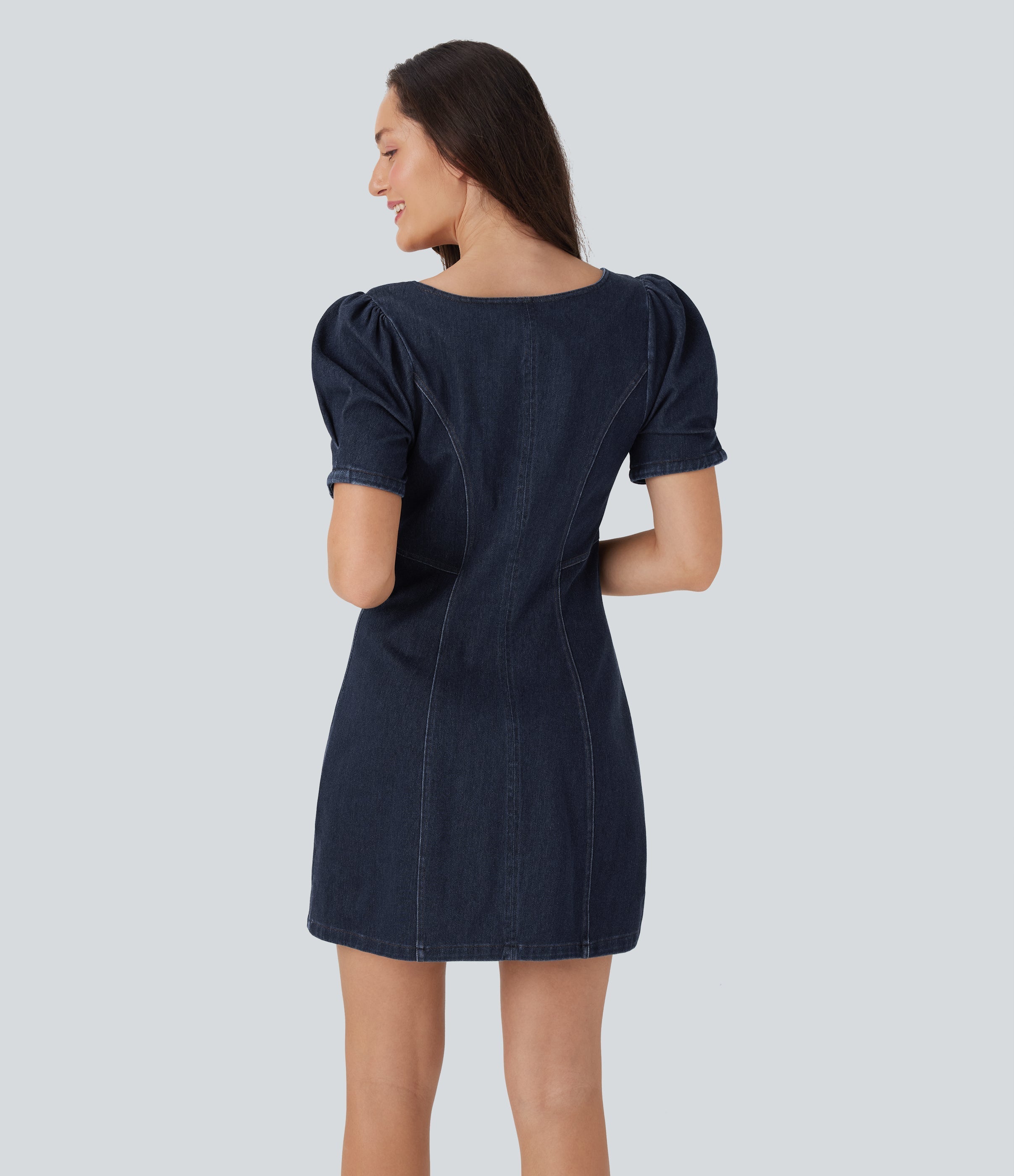 FlexTM Square Neck Short Sleeve Zipper Denim Mini Casual Dress