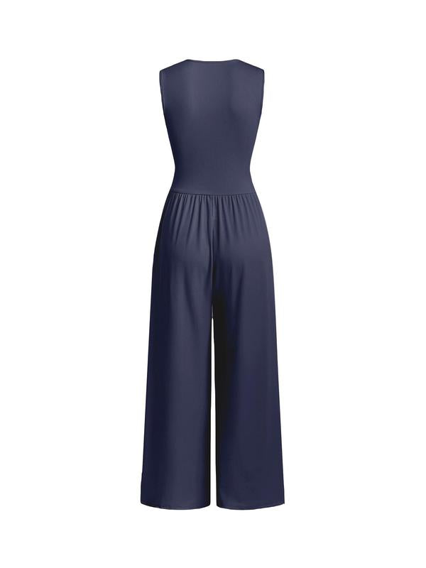 2026 Women's new jumpsuit with pockets Plain Ruched V Neck Ribbed Tank Jumpsuit, Summer Outfits 2025, Elegant Sleeveless Wide Leg Jumpsuit for Women for Vacation Holiday Party, Ladies Summer Clothes