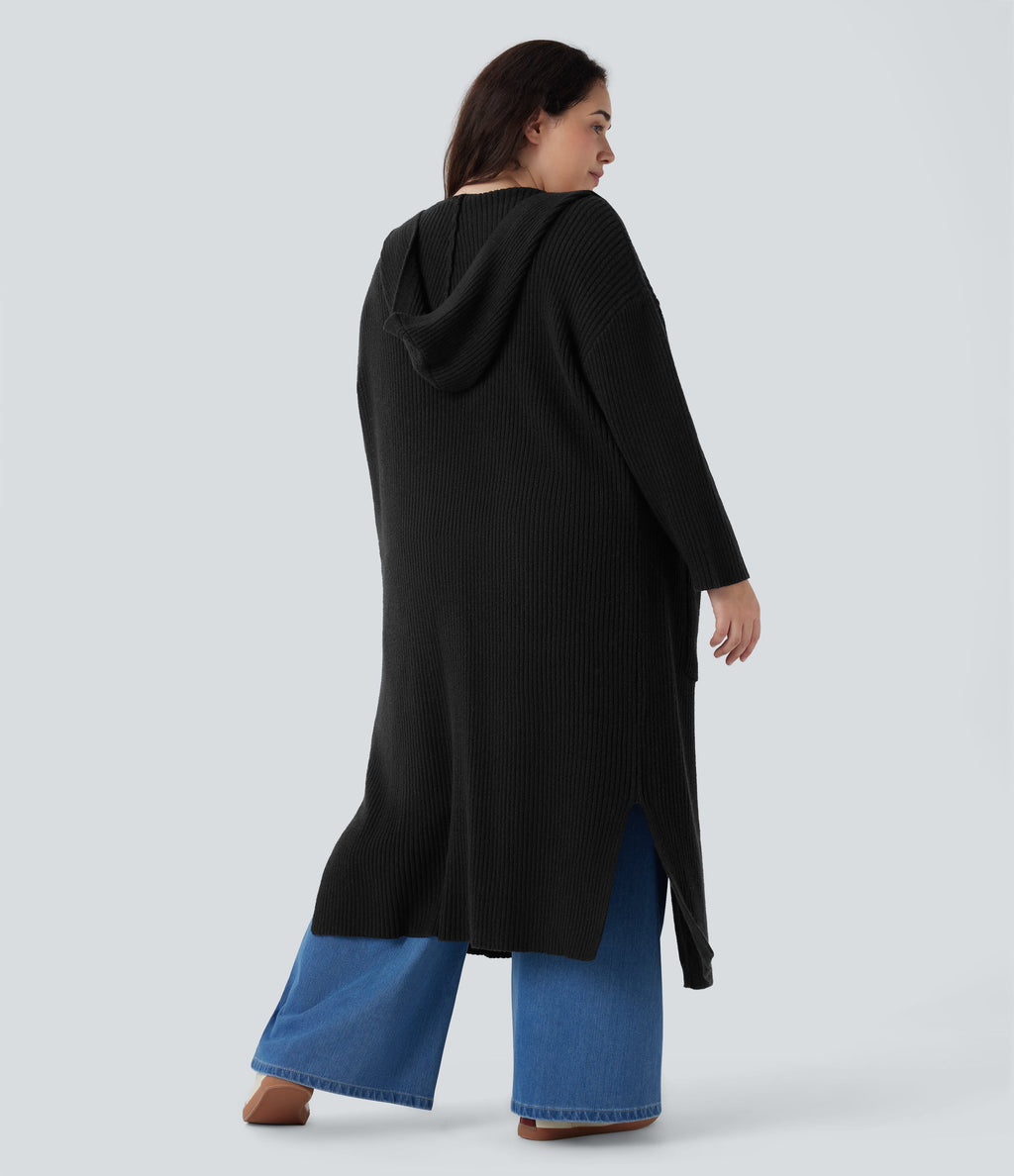 Hooded Long Sleeve Pocket Longline Casual Plus Size Cardigan