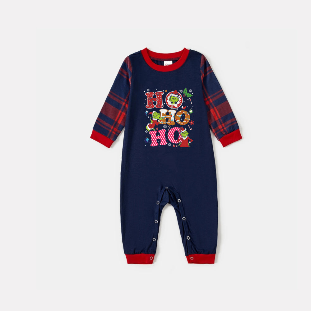 Christmas Family Matching Pajamas-Navy & Red Plaid Pjs Set with Grinch and "HO HO HO" Print