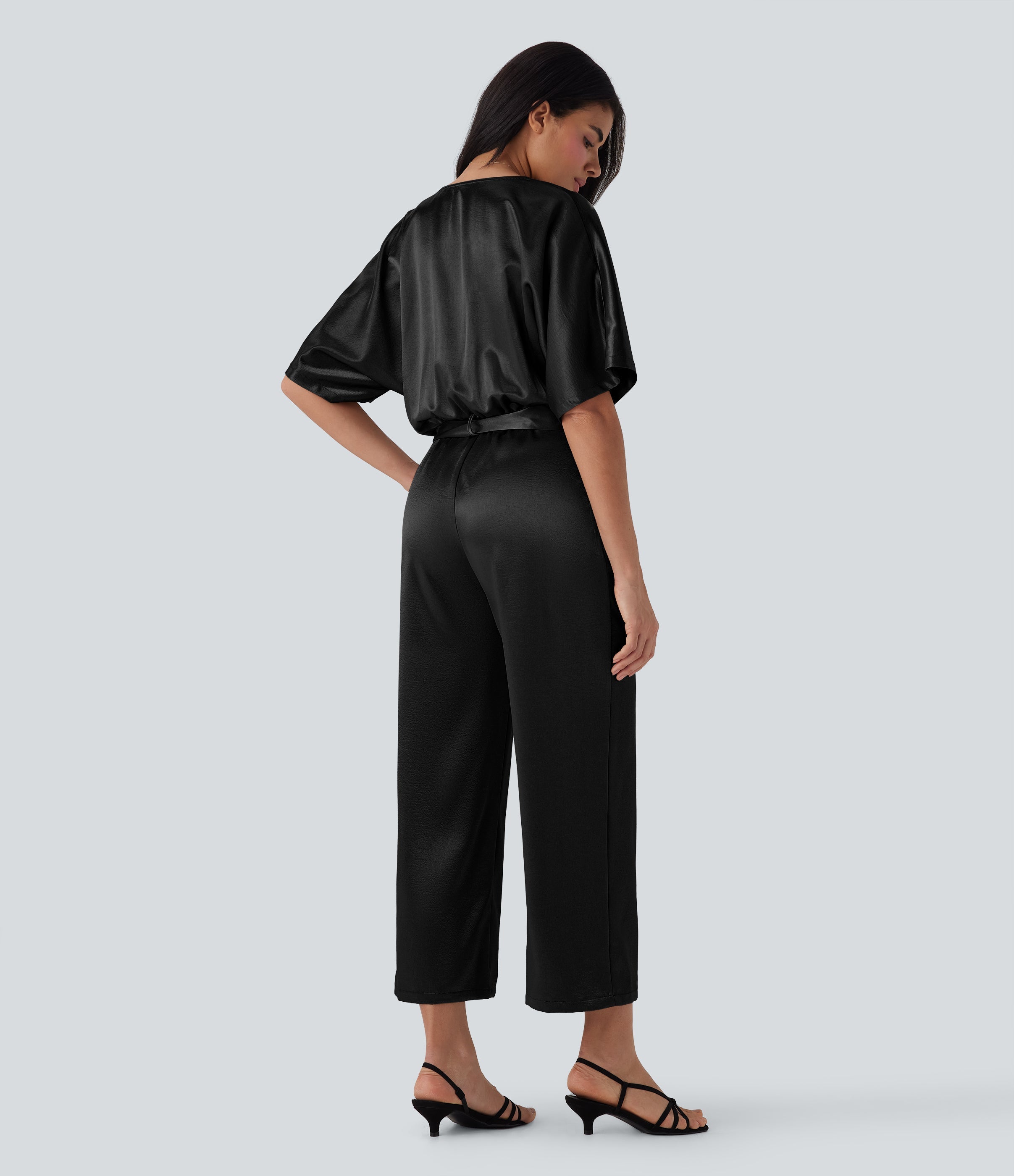 Crossover V Neck Belted Wide Leg Satin-like Work Jumpsuit with Pockets