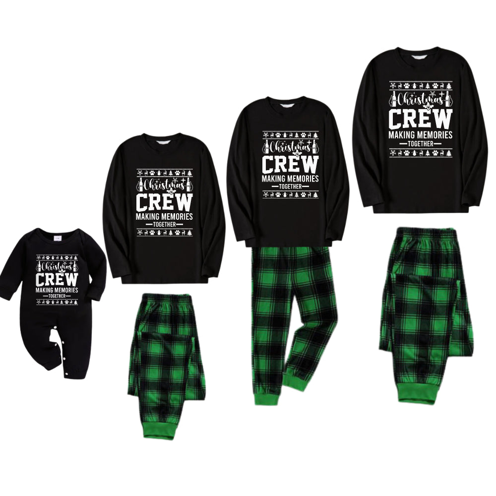Christmas Family Matching Pajamas-Black Top and Green Plaid Pants Pjs Set with "Christmas Crew" and Christmas Pattern Print