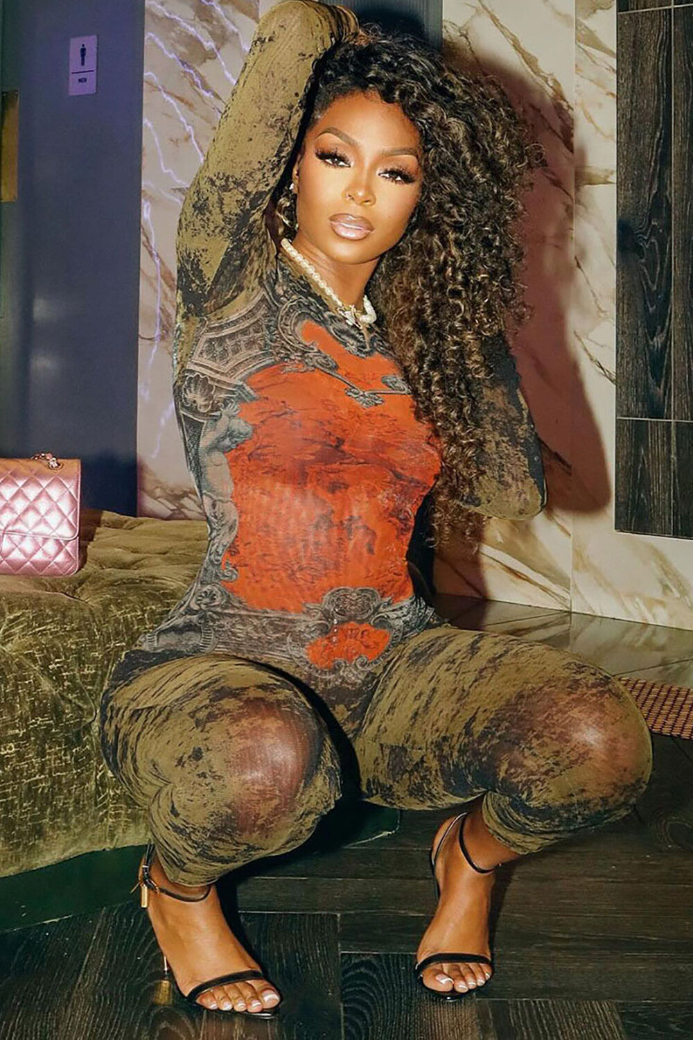 Pattern Print Round Neck Long Sleeve Colorblock Skinny Jumpsuit-Orange