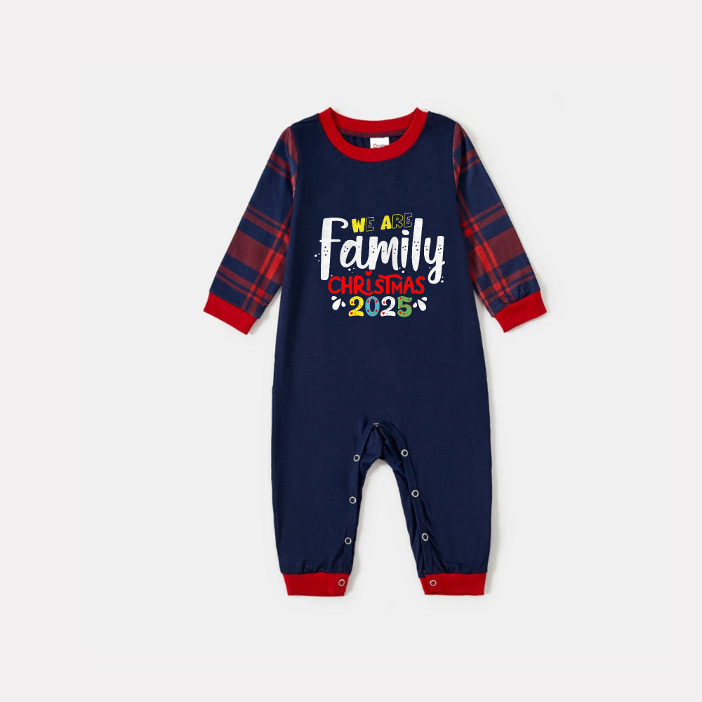 Christmas Family Matching Pajamas-Navy & Red Plaid Pjs Set with "We Are Family Christmas 2025" Colorful Slogan Print