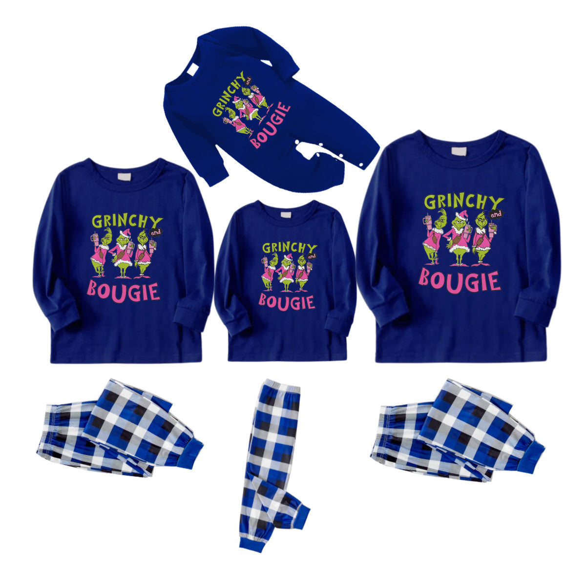 Christmas Family Matching Pajamas-Navy & White Plaid Pjs Set with "Grinchy and Bougie" Print