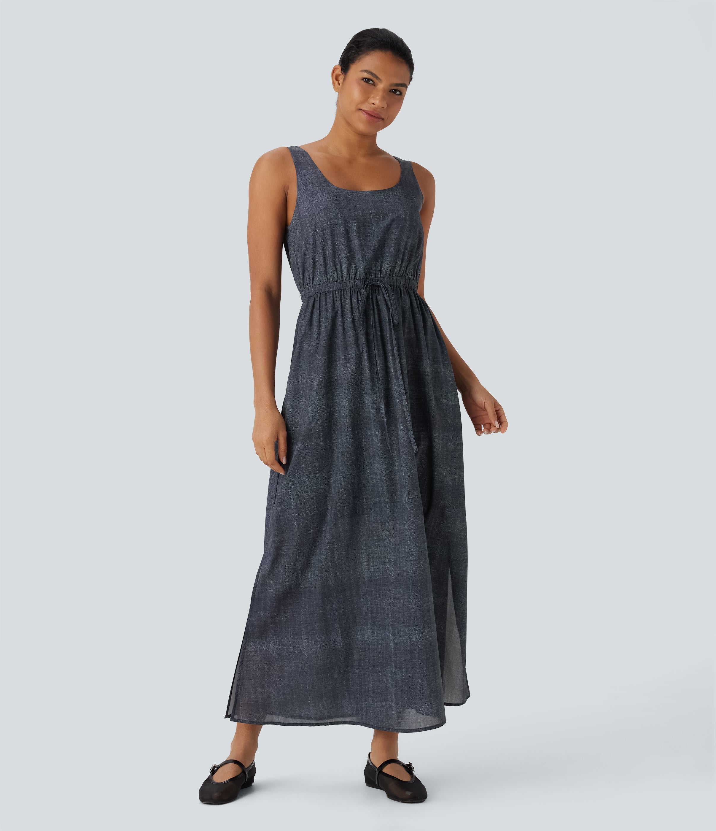 Sleeveless Drawstring Maxi Casual Dress with Pockets