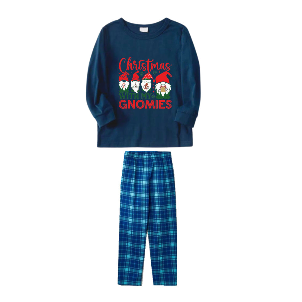 Christmas Family Matching Pajamas-Navy & Sky Blue Plaid Pjs Set with "Christmas With My Gnomies" Slogan Print