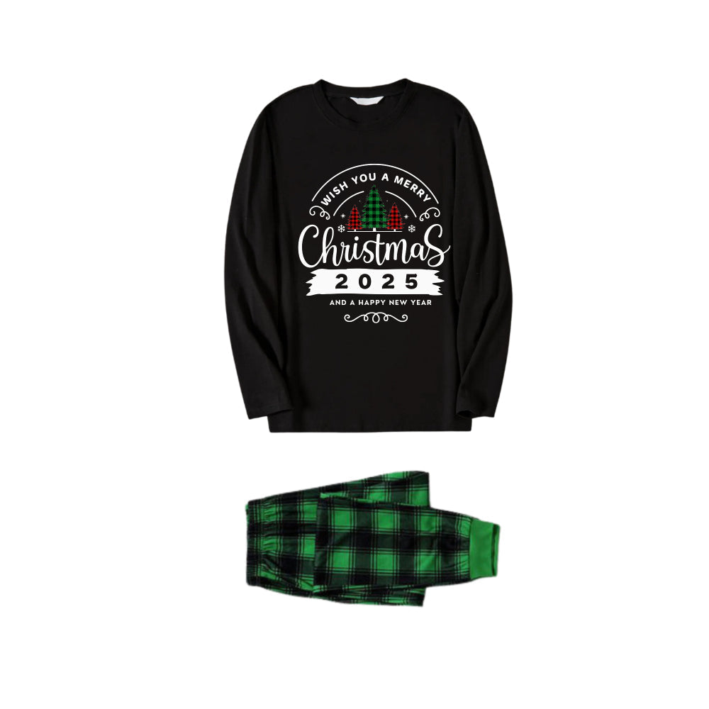 Christmas Family Matching Pajamas-Black Top and Green Plaid Pants Pjs Set with "Wish You A Merry Christmas 2025" Print