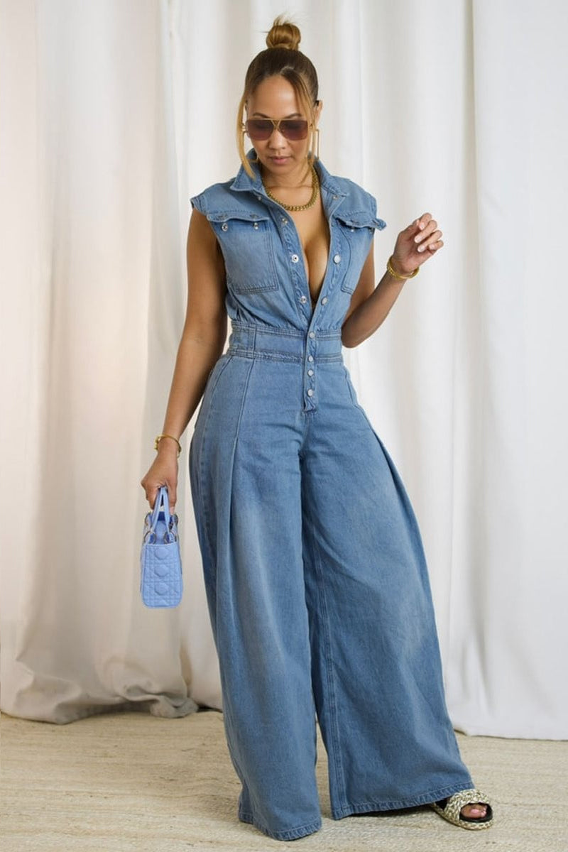 Sleeveless Button Down Pocket Cinch Waist Denim Flare Leg Jumpsuit-Blue