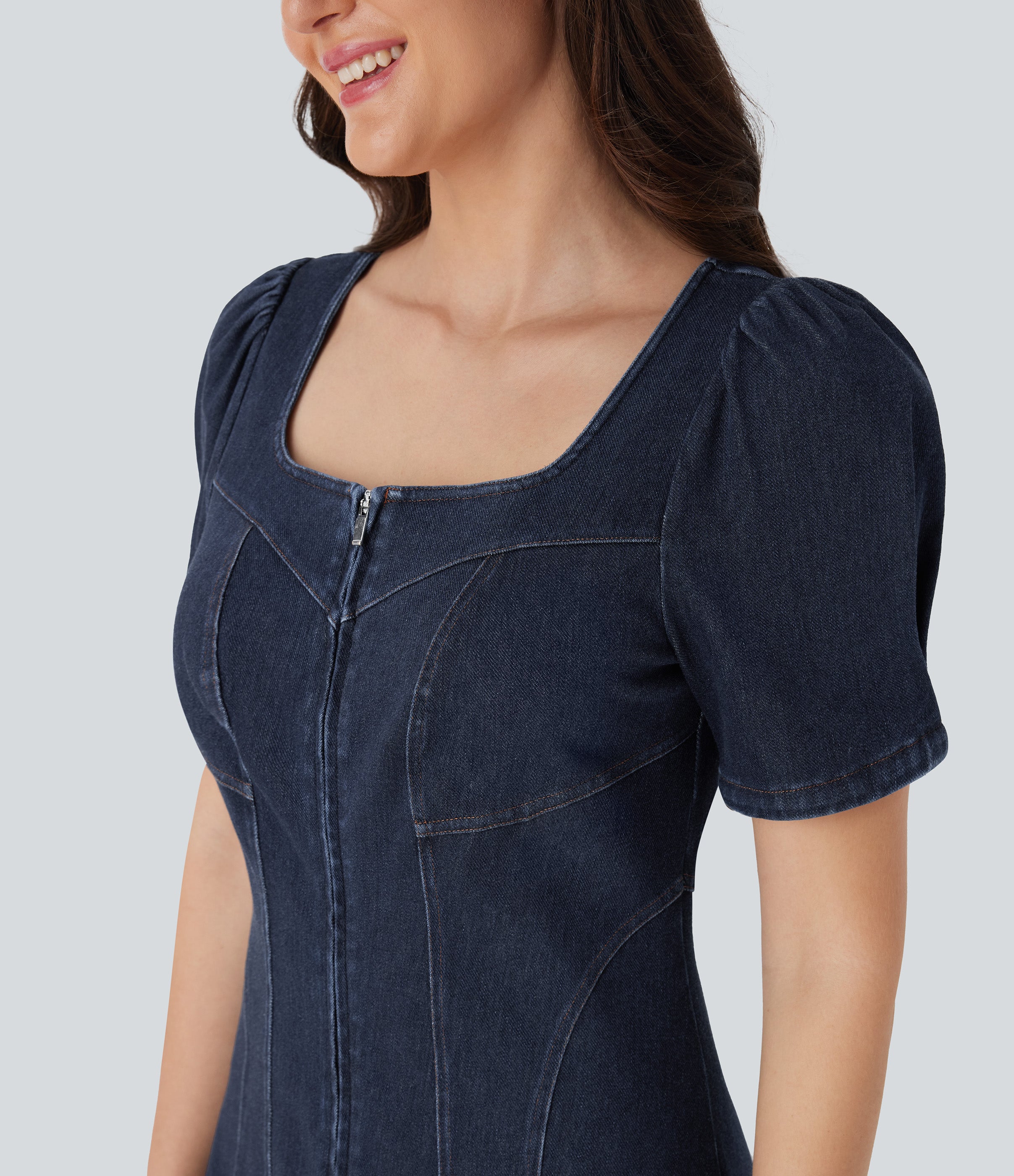 FlexTM Square Neck Short Sleeve Zipper Denim Mini Casual Dress