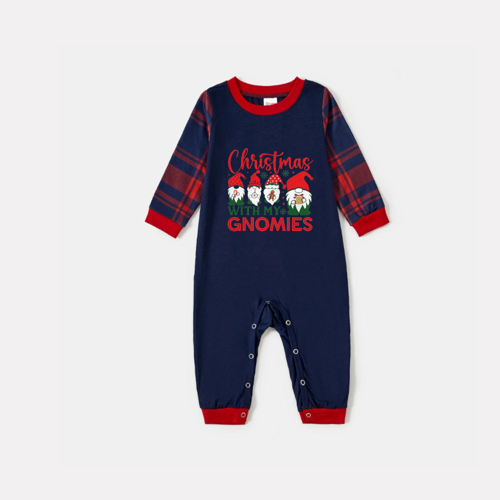 Christmas Family Matching Pajamas-Navy & Red Plaid Pjs Set with "Christmas With My Gnomies" Print