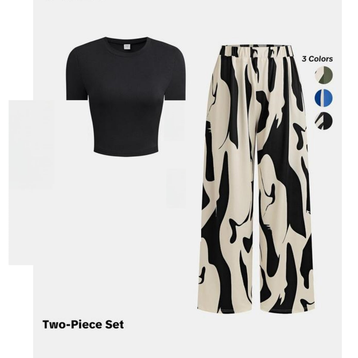 Solid Tee & Graphic Elastic Waist Pants Set, Casual Round Neck Long Sleeve Top & High Waist Trousers, 2024 Women's Daily Wear for Fall & Winter, Fall & Winter Outfits