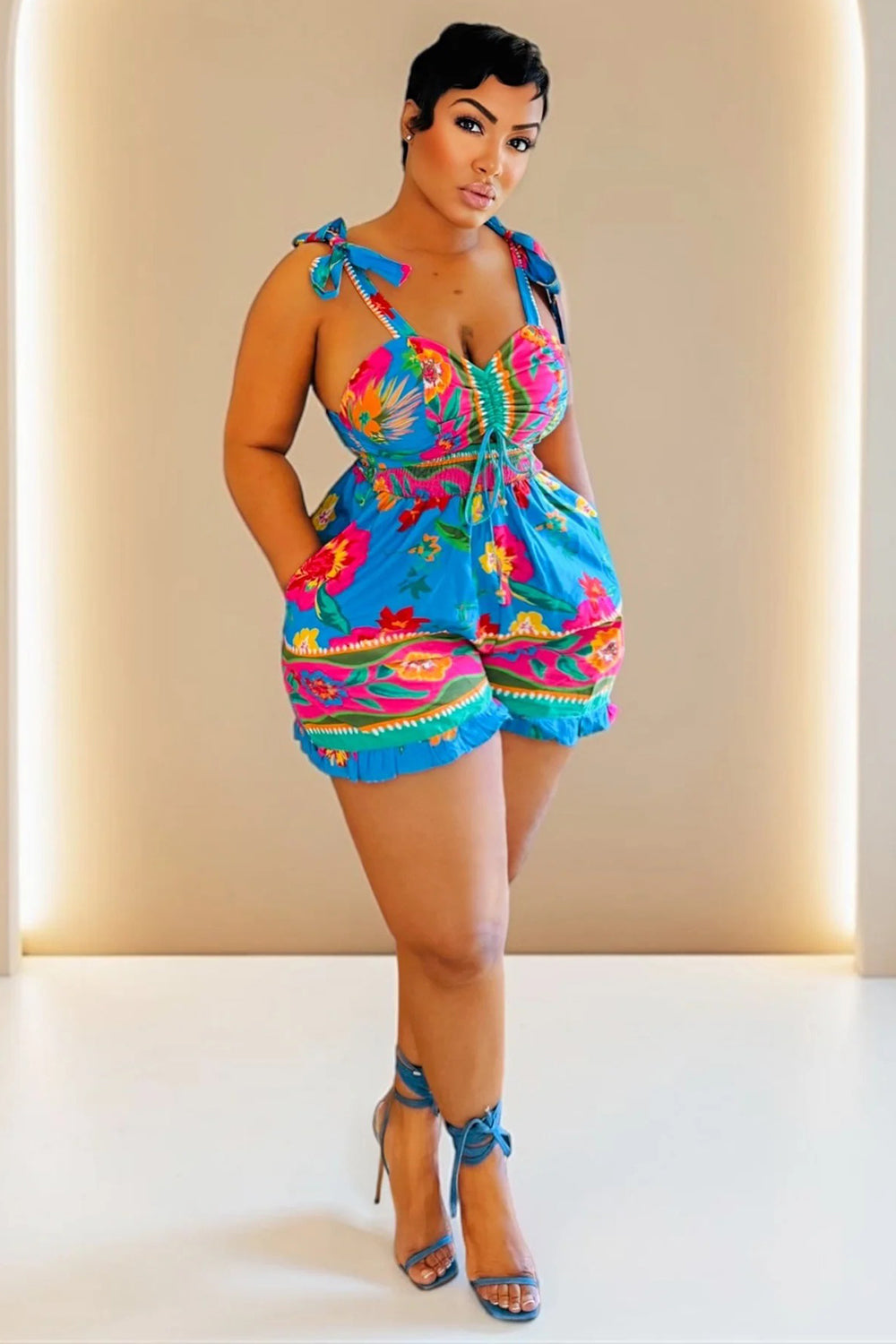 Cami Neck Floral Print Cinch Waist Vacation Romper Playsuit-Blue