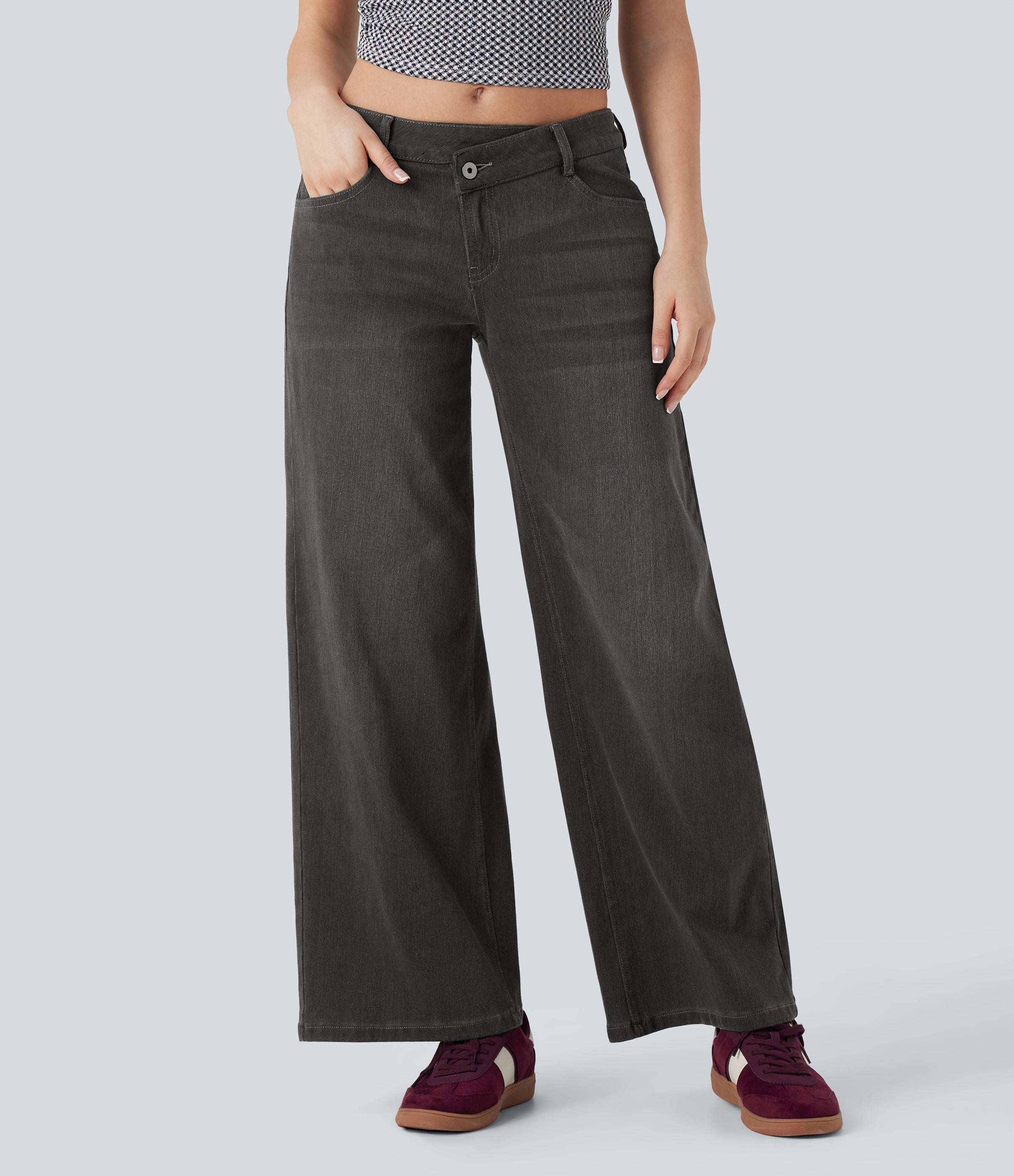 FlexTM Asymmetric Low Rise Zipper Pockets Baggy Wide Leg Washed Casual Jeans