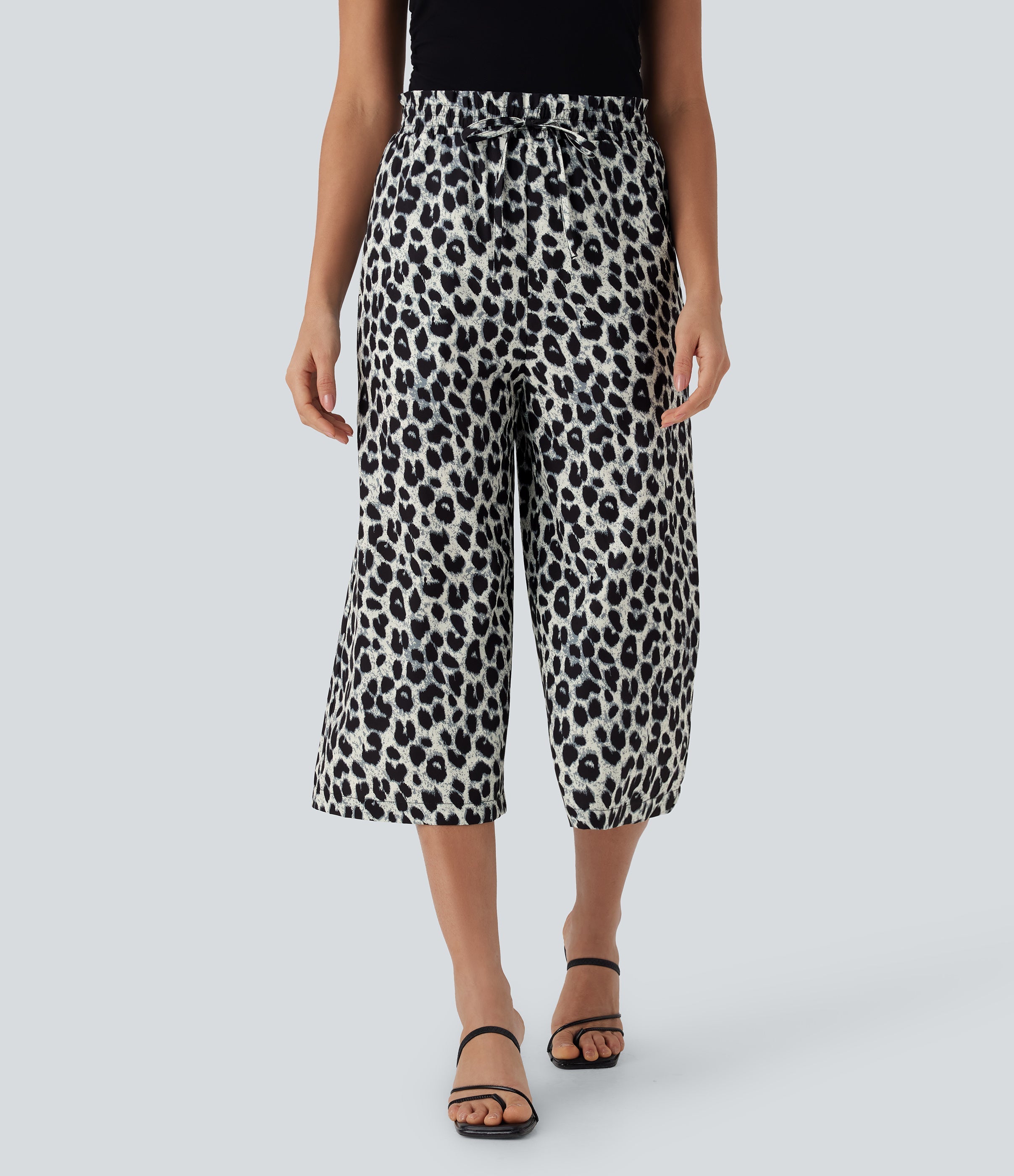 High Waisted Drawstring Leopard Print Wide Leg Capri Casual Pants with Pockets