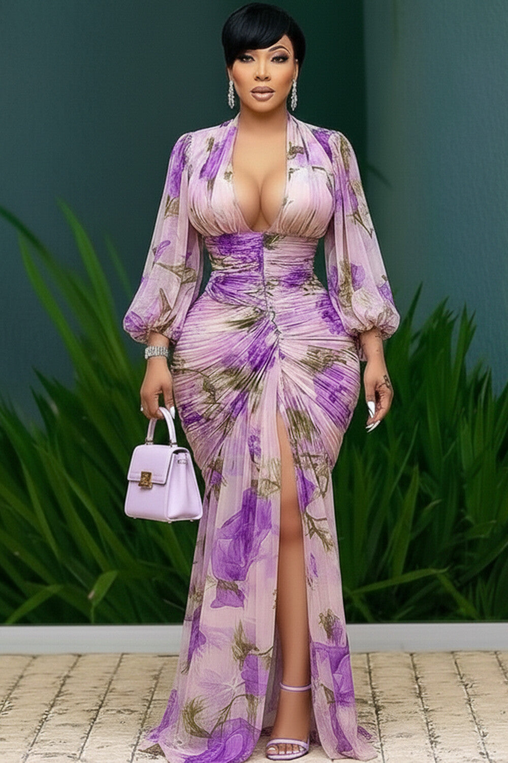Deep V Neck Cinch Waist Ruched Slit Fishtail Maxi Dresses-Purple