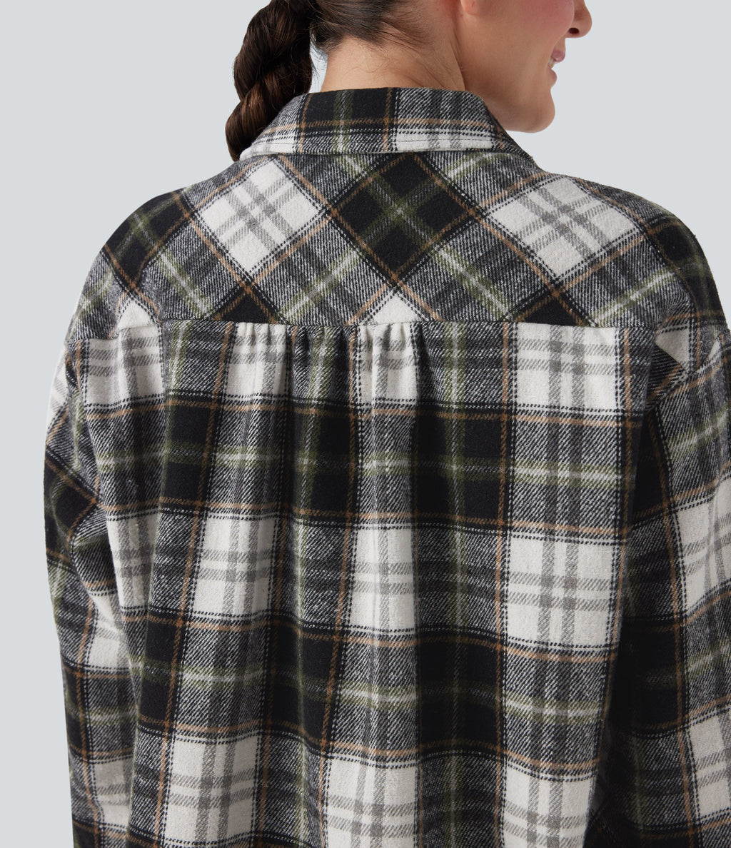 Plaid Curved Hem Casual Shirt Jacket with Flap Pockets