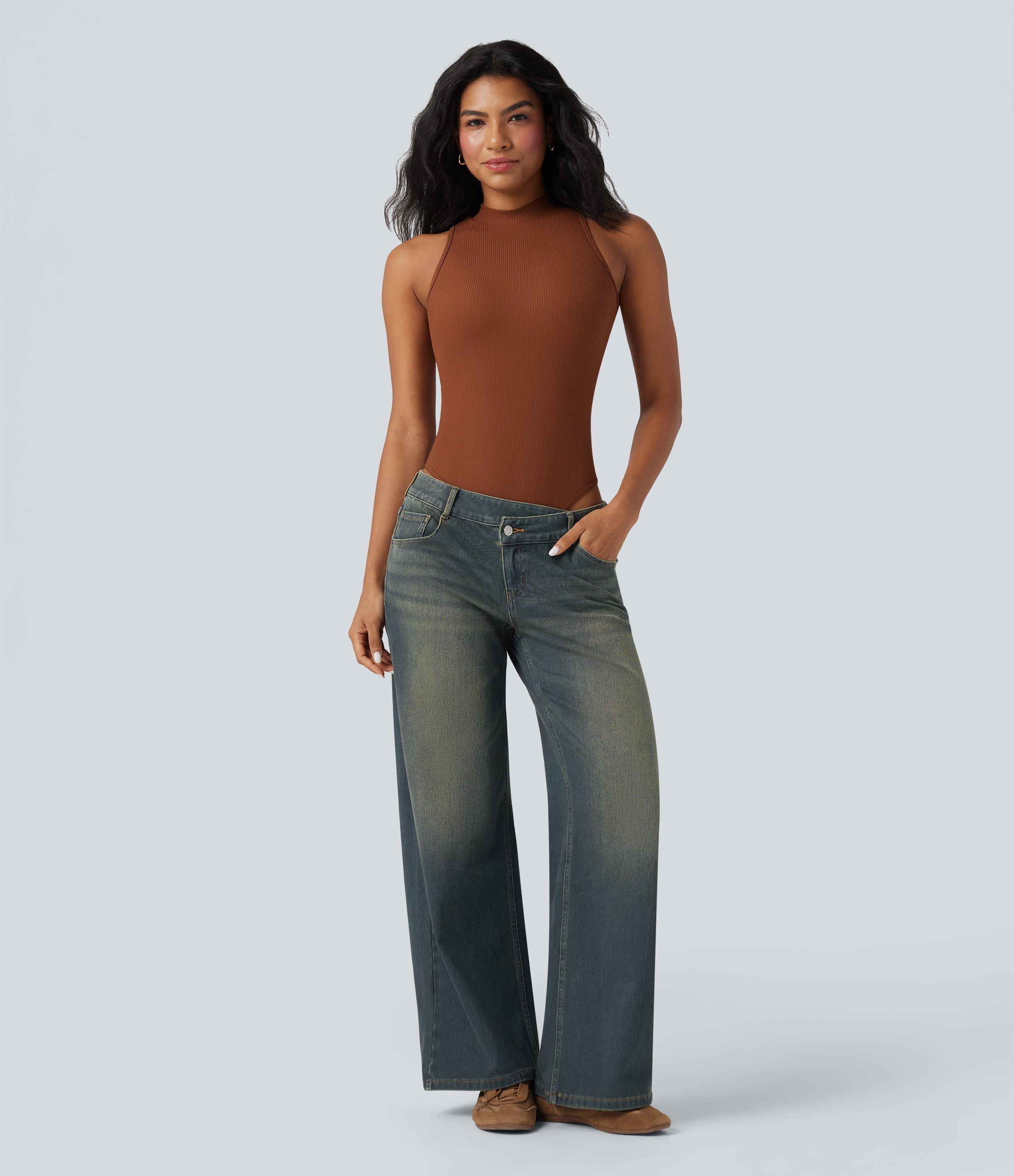 FlexTM Asymmetric Low Rise Zipper Pockets Baggy Wide Leg Washed Casual Jeans
