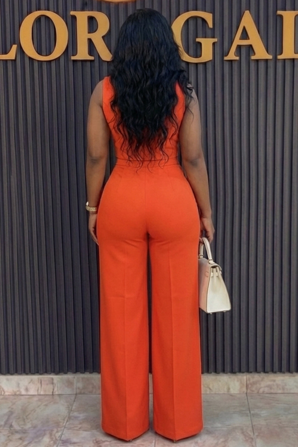 Notched Lapel Sleeveless Top High Waist Pants 2pcs Set-Orange