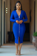 Long Sleeve Zipper Cinch Waist Slit Casual Midi Dresses-Blue