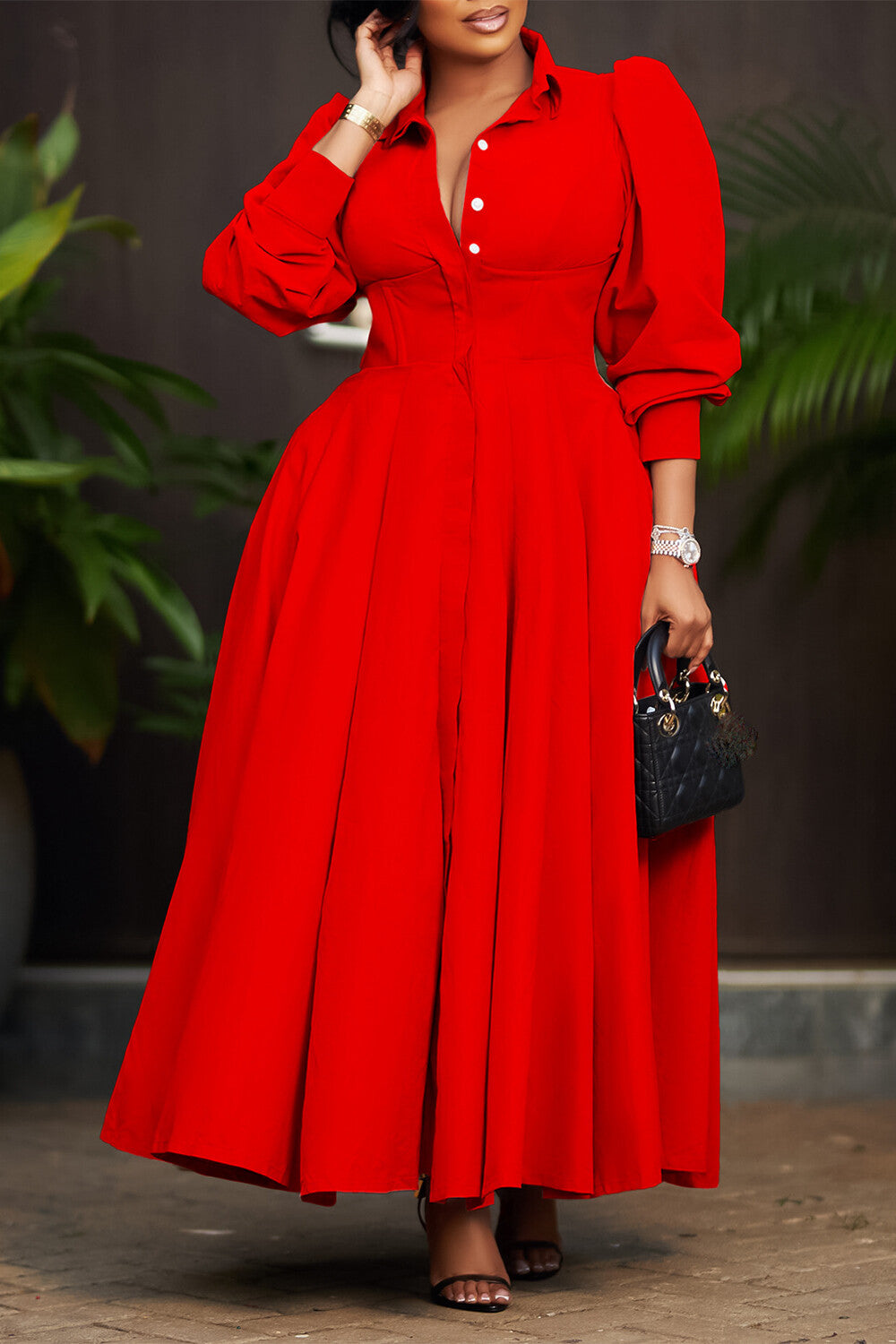 Turndown Collar Long Sleeve Cinch Waist Solid Color Maxi Shirt Dresses-Pink