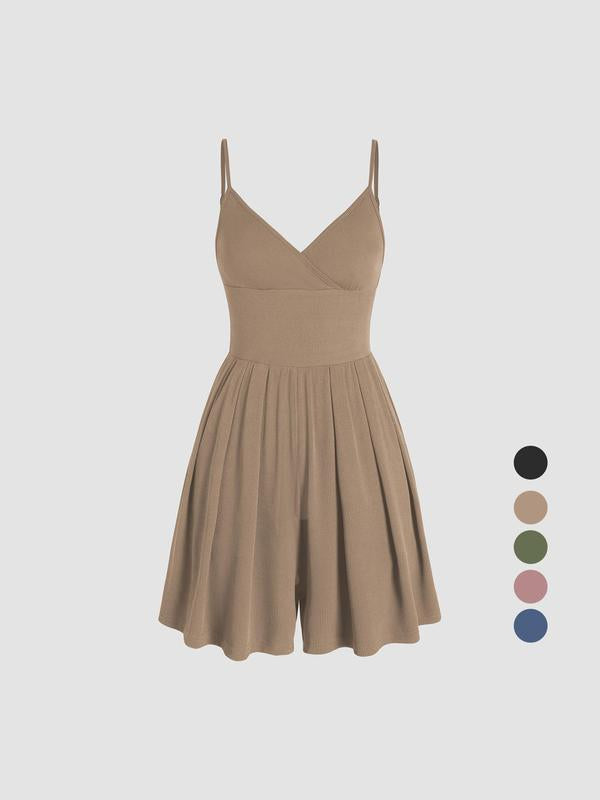 Women's Plain Backless Wrap Cami Romper, Casual Adjustable Spaghetti Strap Wide Leg Romper, Summer Outfits 2025, Ladies Clothes for Daily Wear