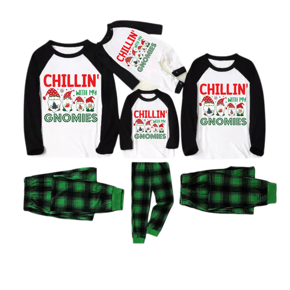 Black Raglan Top Green Plaid Christmas Pajamas Set With Gnomies and Holiday Lettering