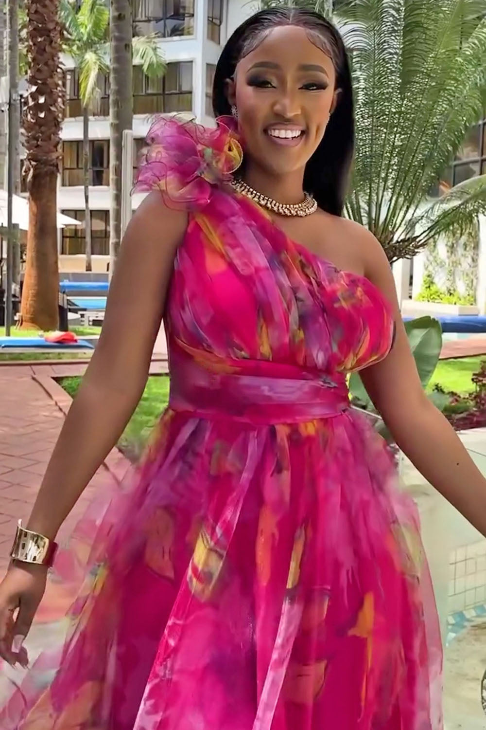 One Shoulder Rosette Floral Print Mesh Party Maxi Dresses-Fuchsia