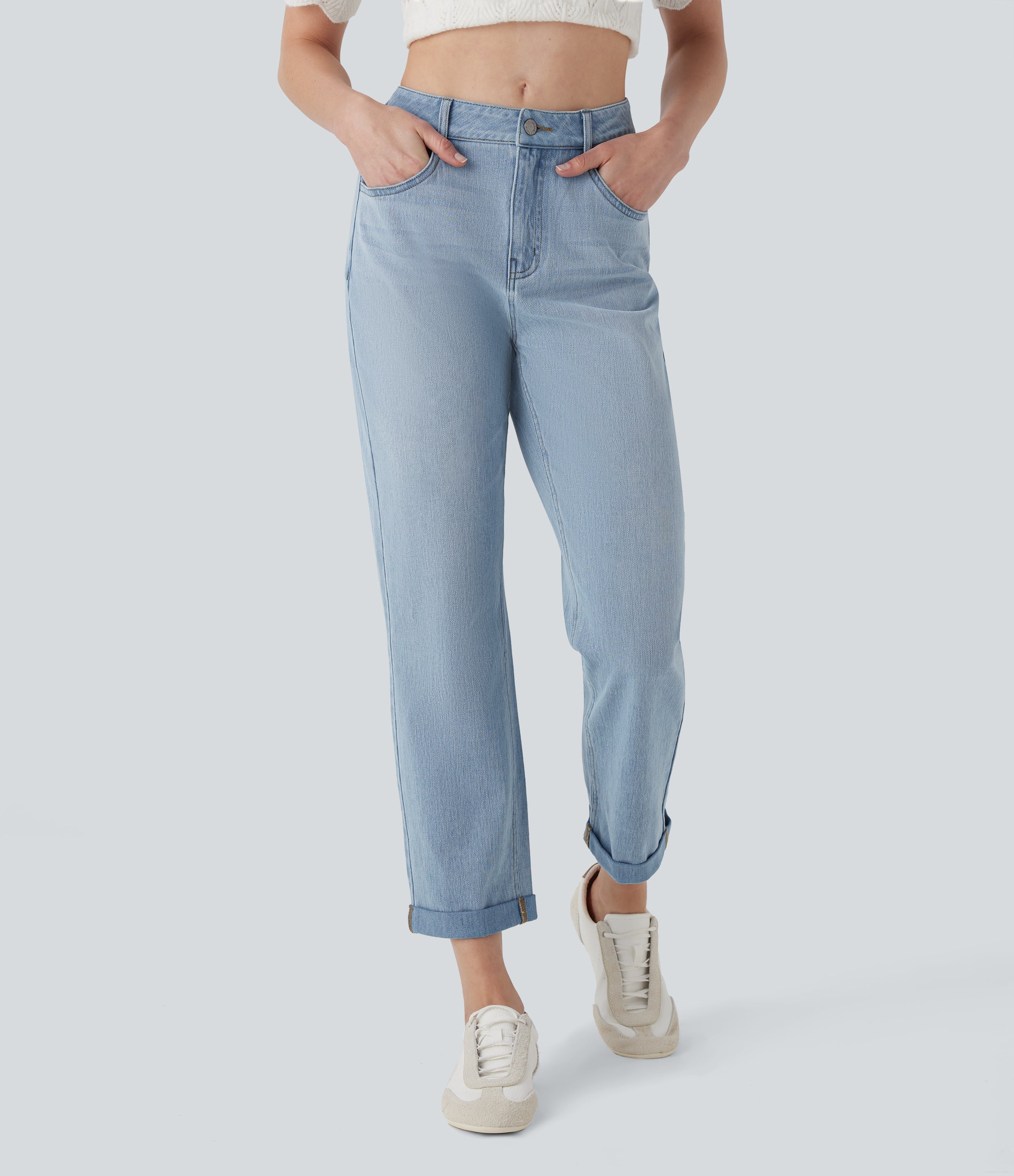 FlexTM Mid Rise Straight Leg Washed Casual Jeans with Pockets