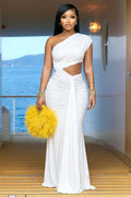 One Shoulder Cut Out Ruched Sash Fishtail Maxi Dresses-White