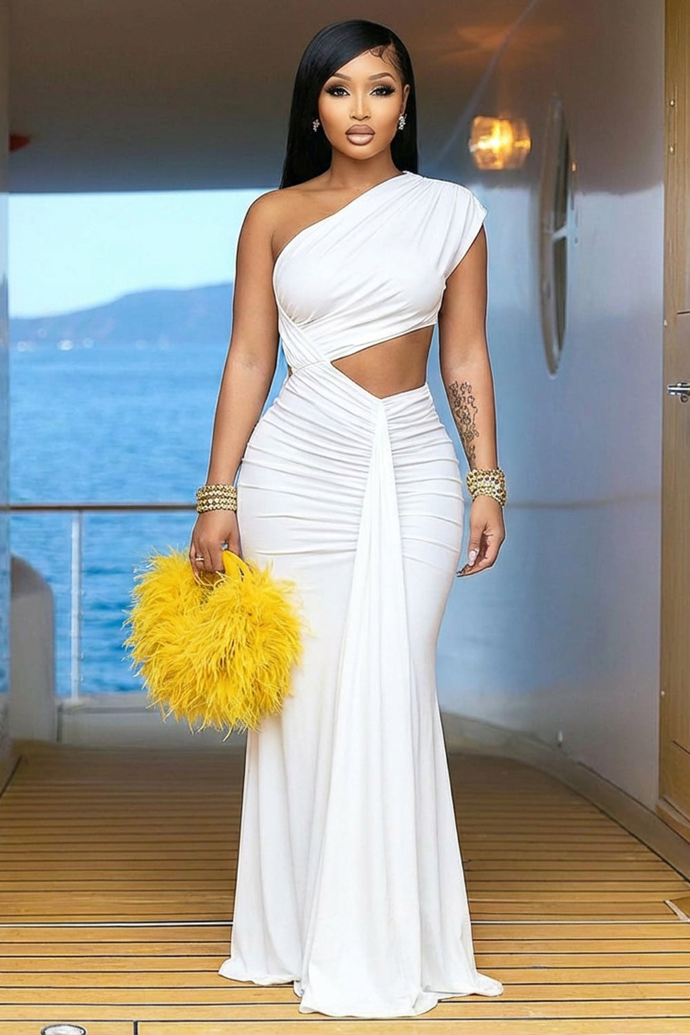 One Shoulder Cut Out Ruched Sash Fishtail Maxi Dresses-White