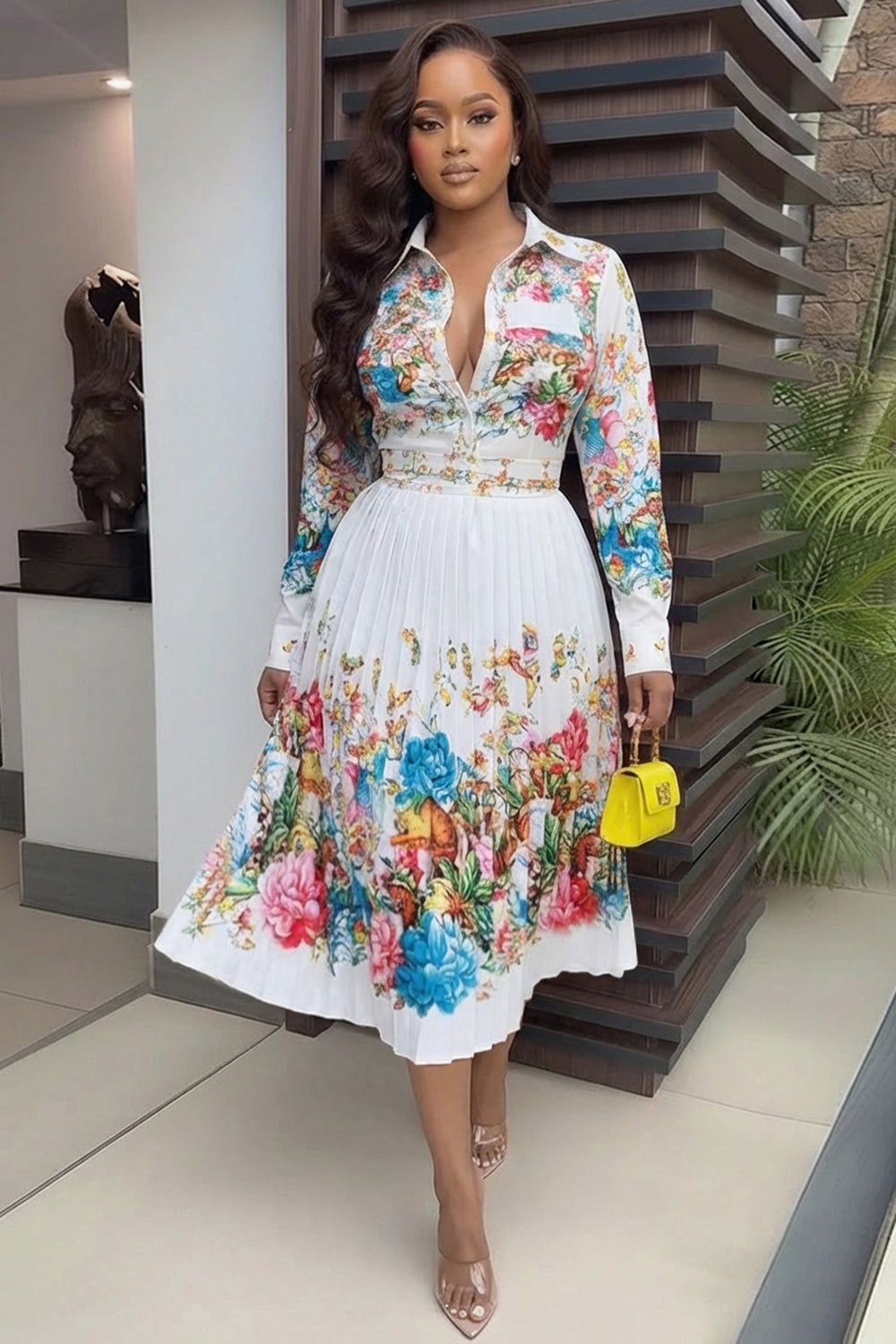 Turndown Collar Long Sleeve Floral Casual Midi Dresses-Multicolor