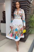 Turndown Collar Long Sleeve Floral Casual Midi Dresses-Multicolor