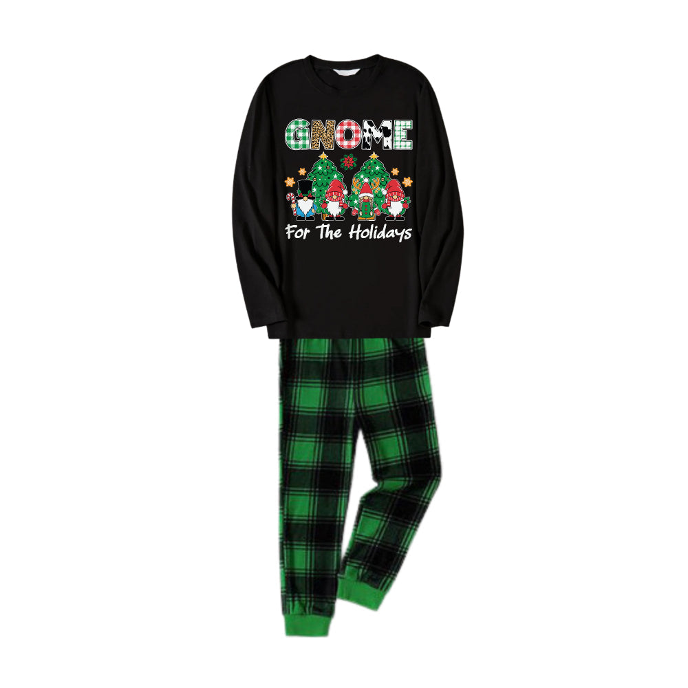 Christmas Family Matching Pajamas-Black Top and Green Plaid Pants Pjs Set with "Gnome For The Holidays" Print