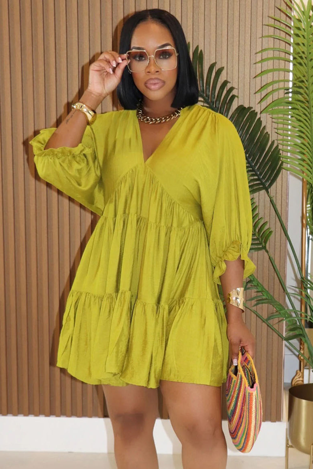V Neck 3/4 Bell Sleeve Tiered Quilted Mini Swing Dresses-Green