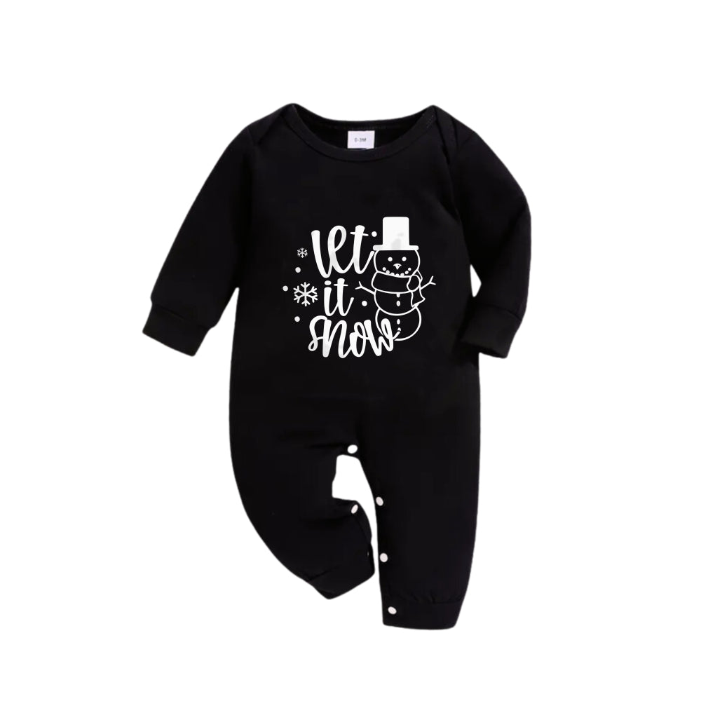 Christmas Family Matching Pajamas-Black Top and Green Plaid Pants Pjs Set with Snowman and Christmas Slogan Print