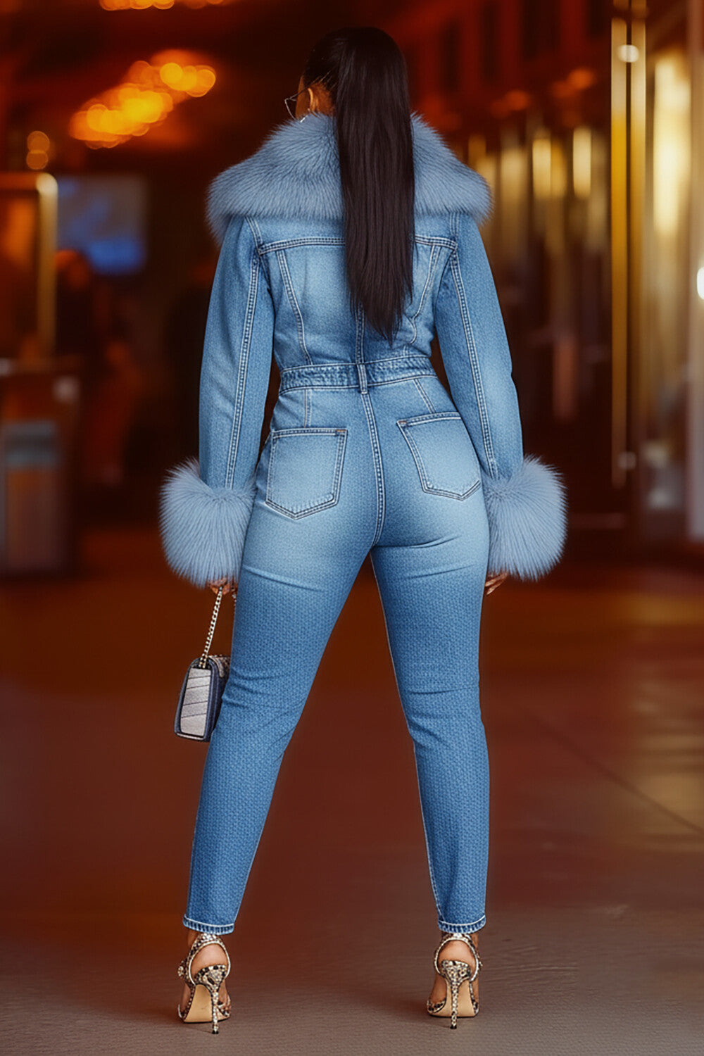 Fluffy Patchwork Button Up Denim Slim Fit Jumpsuit-Blue