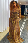 Round Neck All Over Print Long Sleeve Slim Fit Casual Maxi Dresses-Brown