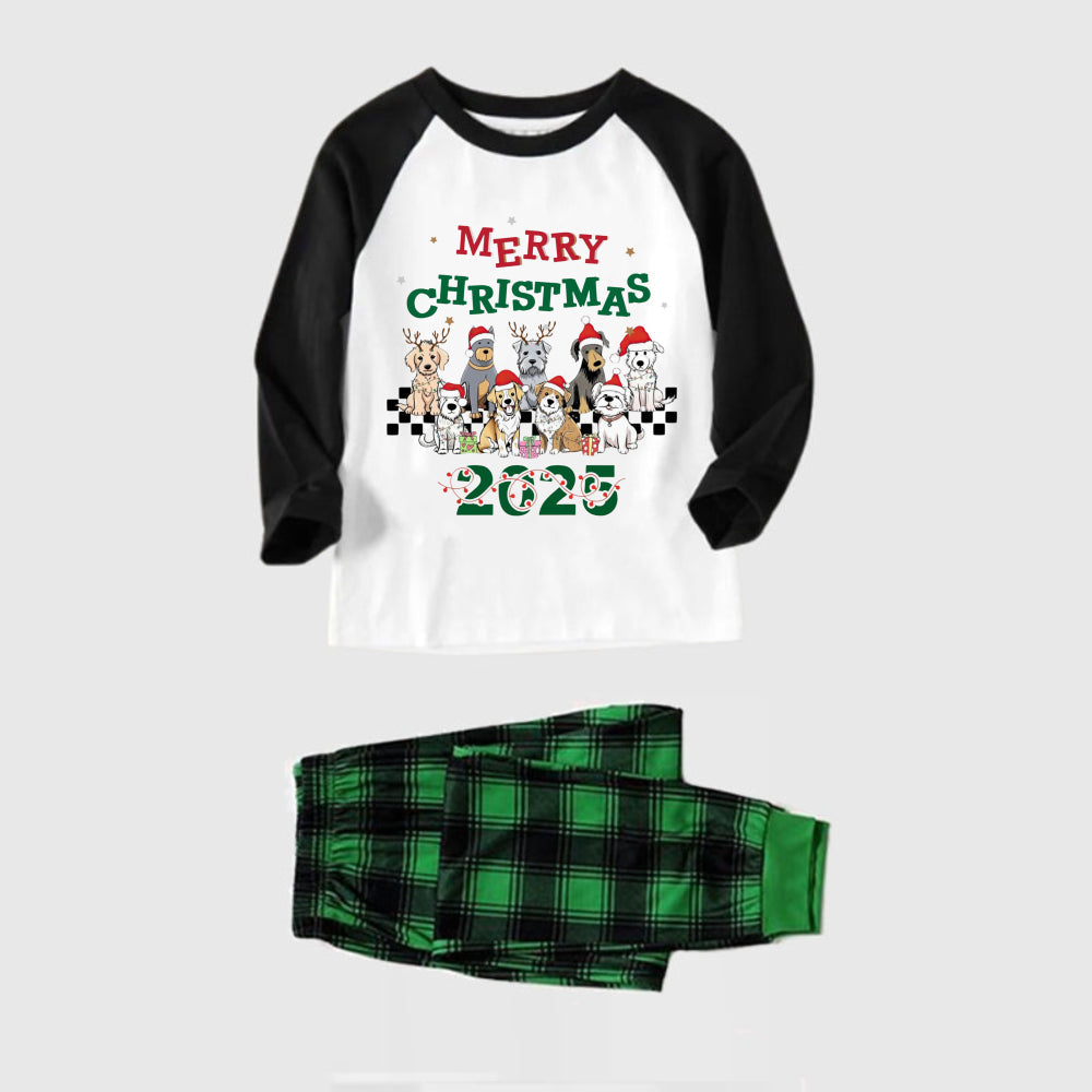 Black Raglan Top Green Plaid Christmas Pajamas Set With "Merry Christmas" and Dog Print