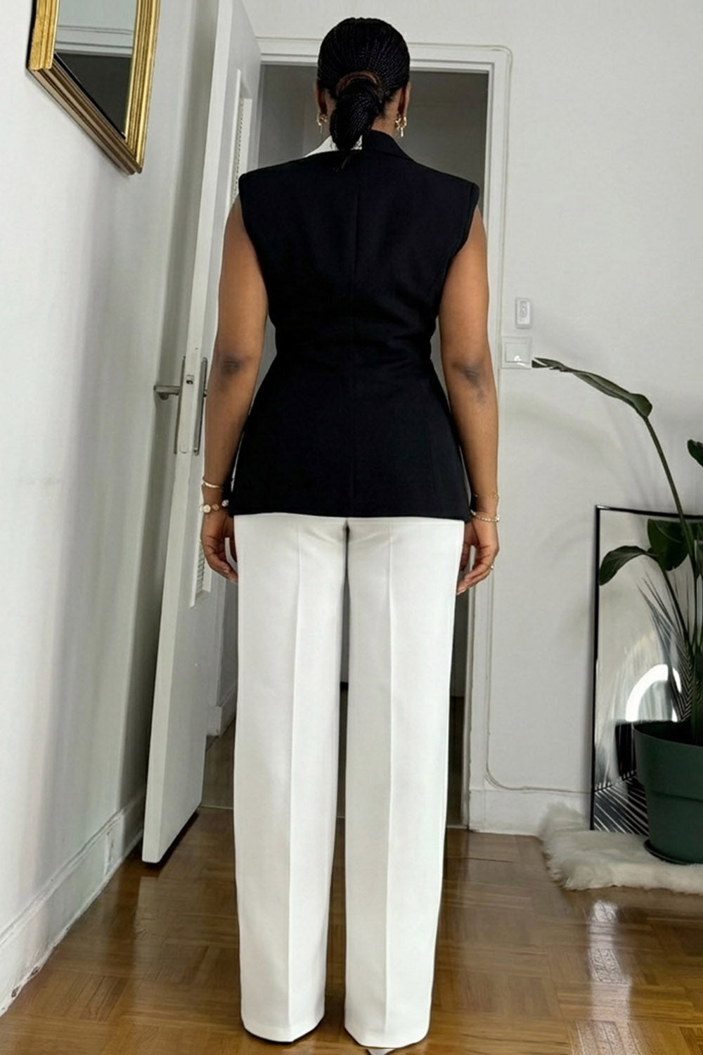 Deep V Neck Sleeveless Top Wide Leg Pants Casual 2pcs Set-White