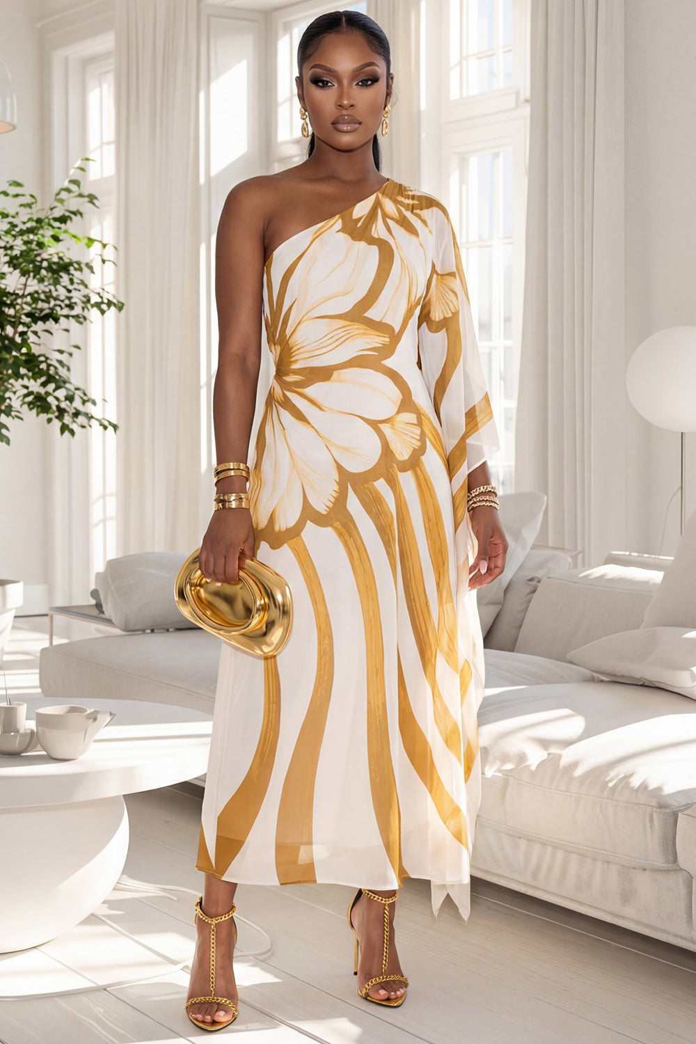 One Shoulder Batwing Sleeve Floral Vacation Maxi Dresses-Gold