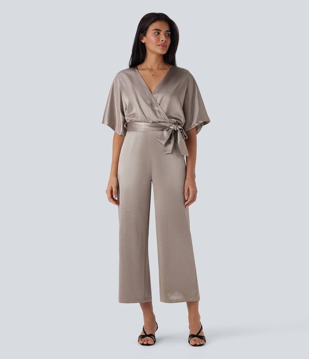 Crossover V Neck Belted Wide Leg Satin-like Work Jumpsuit with Pockets